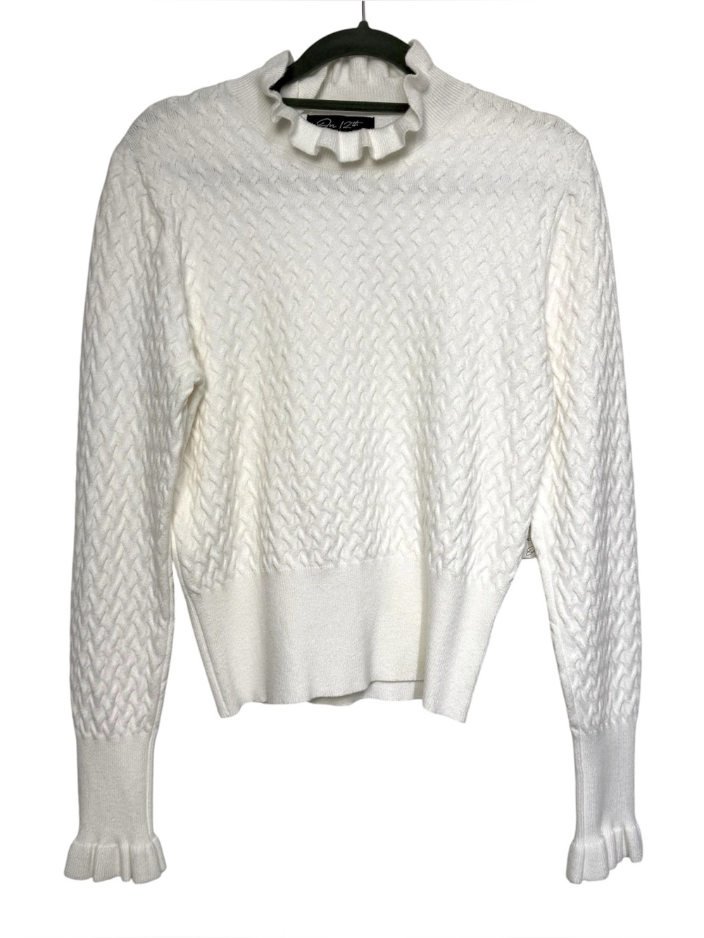 On 12th Textured Knit Ruffle Mock Neck Sweater NWT White Large
